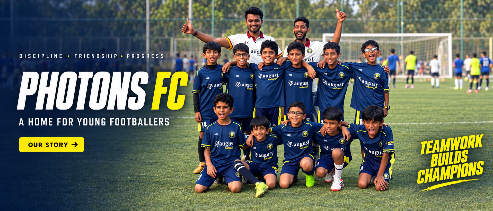 Photons FC youth squad and coaches on a football ground with Photons FC banner design.